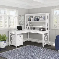 KWS049WT Key West White Oak 60 Inch L Shaped Desk with Hutch and Mobile File Cabinet
