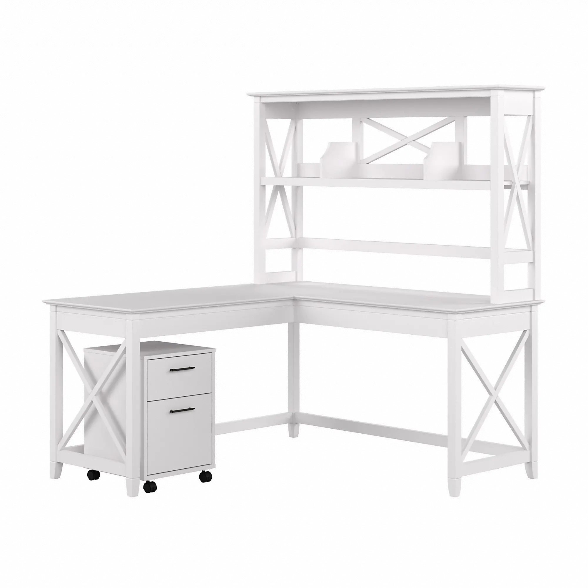 KWS049WT Key West White Oak 60 Inch L Shaped Desk with Hutch and Mobile File Cabinet-2