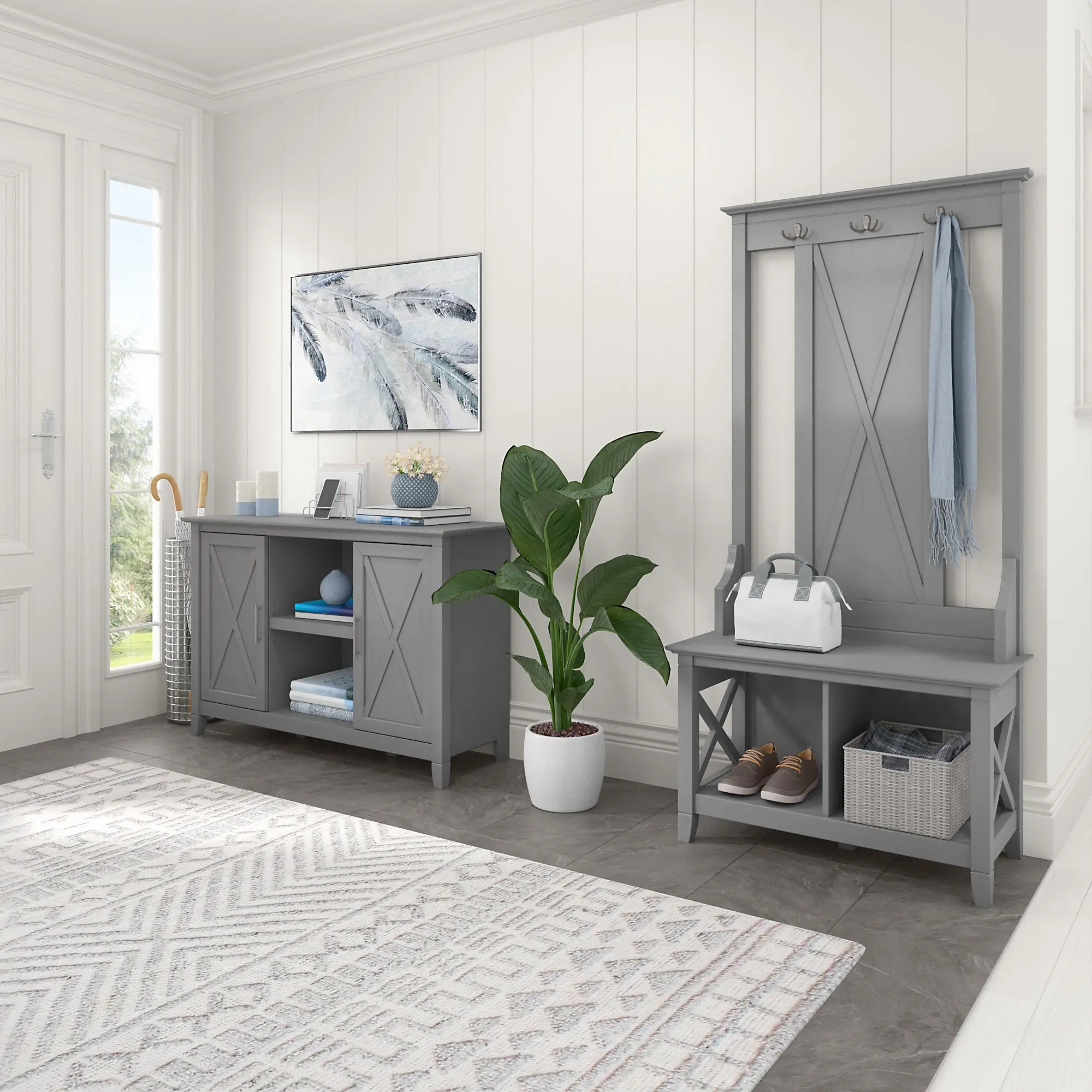KWS054CG Key West Cape Cod Gray Hall Tree with Shoe Bench and 2 Door Cabinet-1