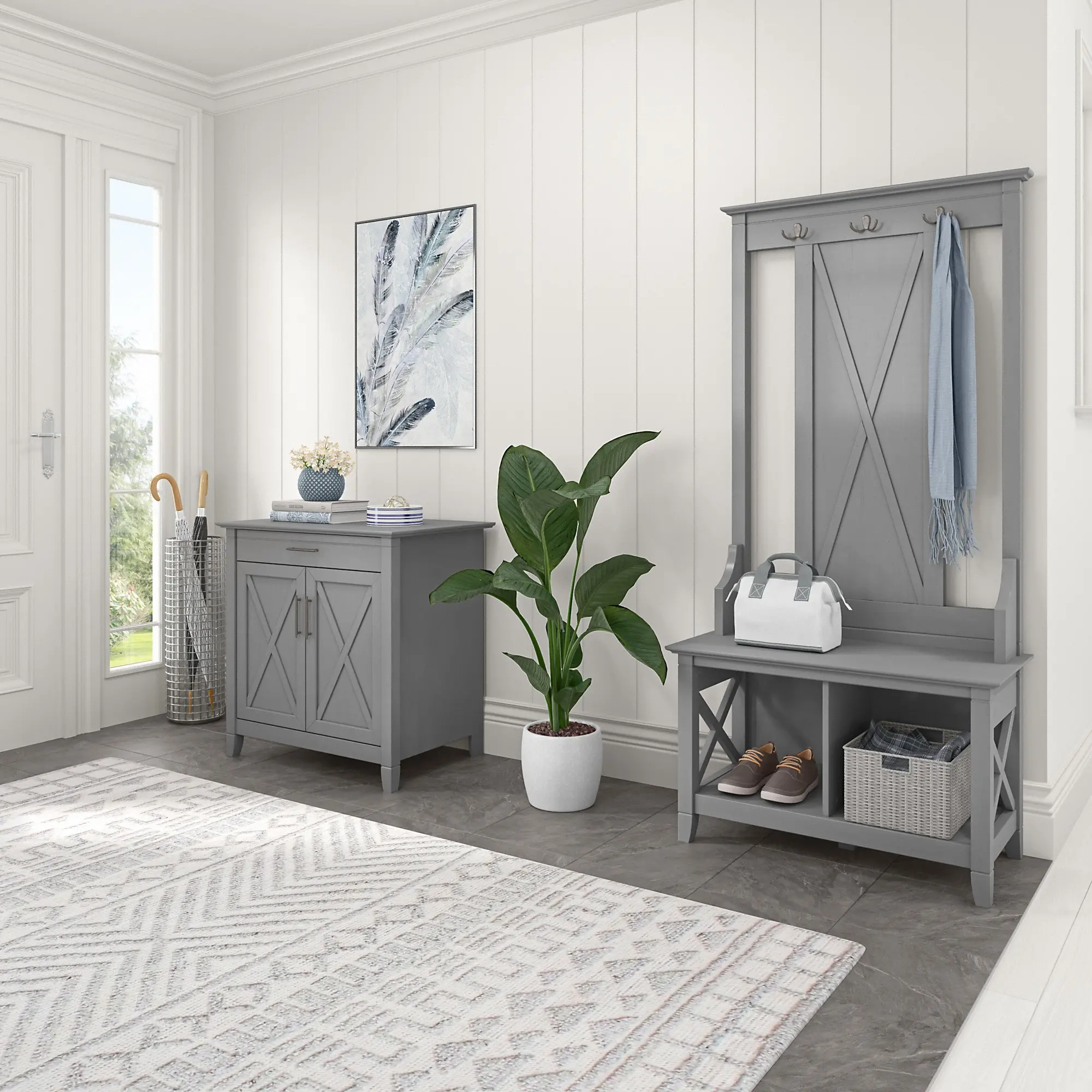 KWS055CG Key West Cape Cod Gray Hall Tree with Shoe Bench and Armoire Cabinet-1