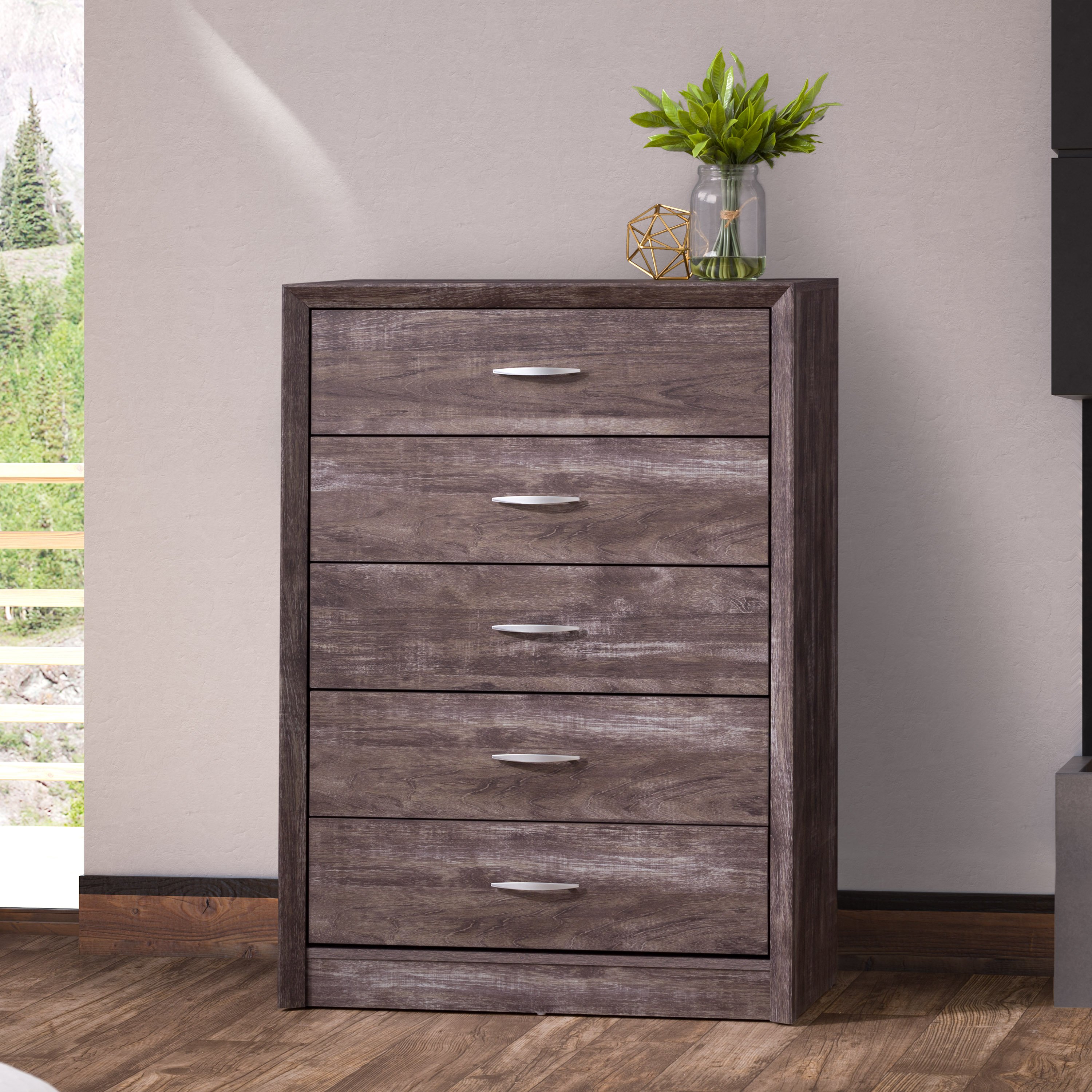 Newport Contemporary Brown Washed Oak Five Drawer Tall Dresser-1