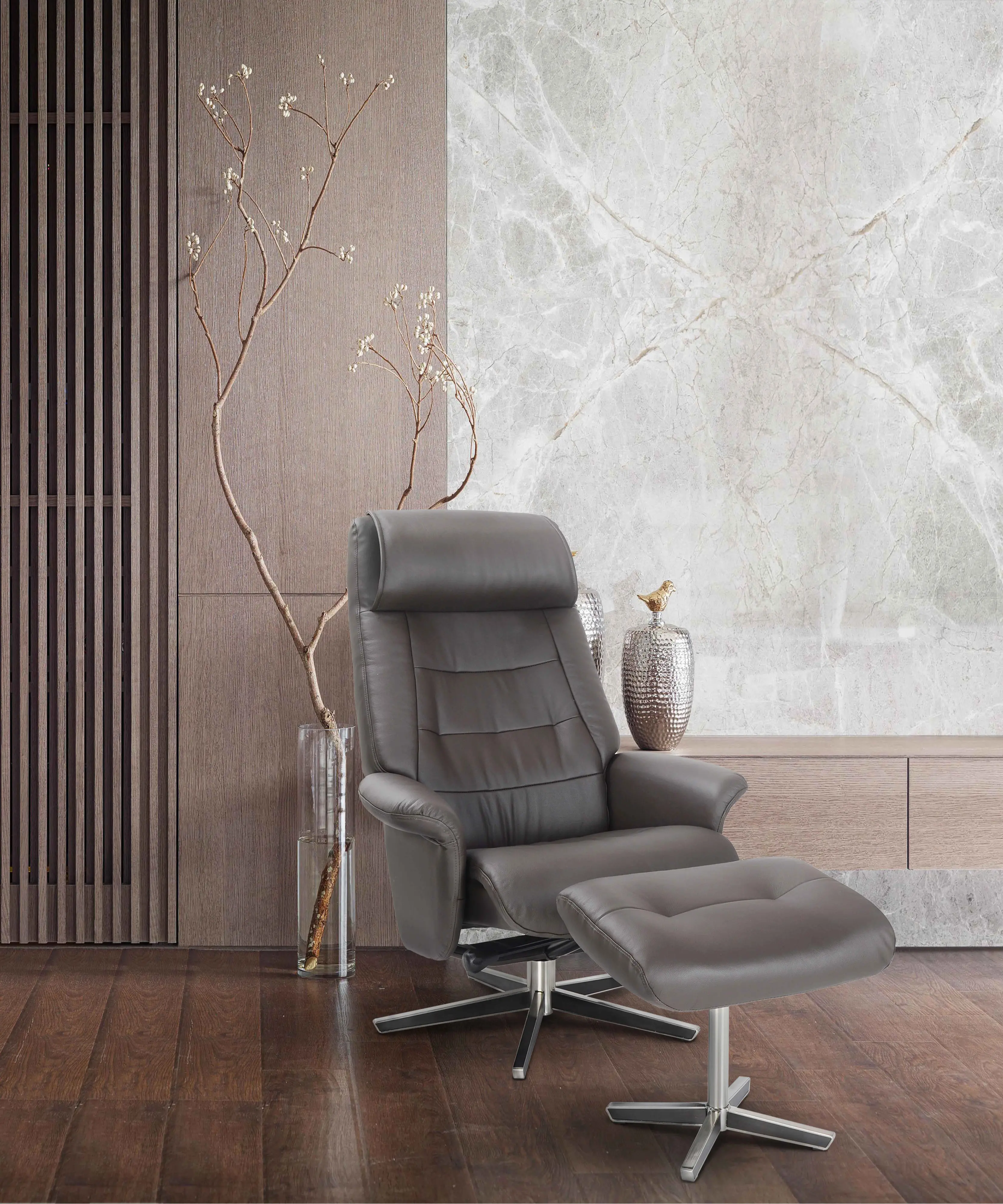 Berkeley Scandinavian Iron Gray Leather Recliner with Ottoman-1