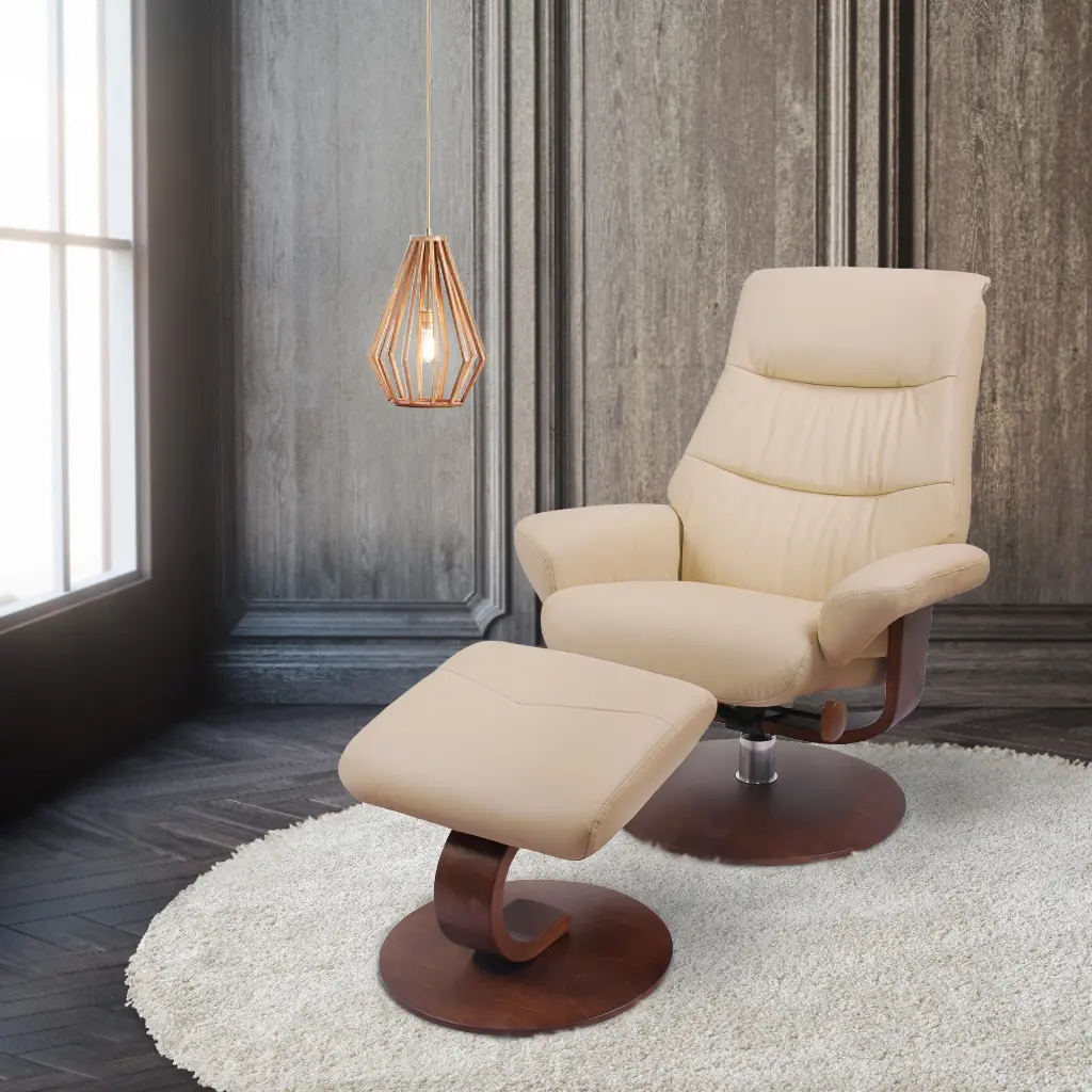 Genoa Scandinavian Cream Leather Recliner with Ottoman-1