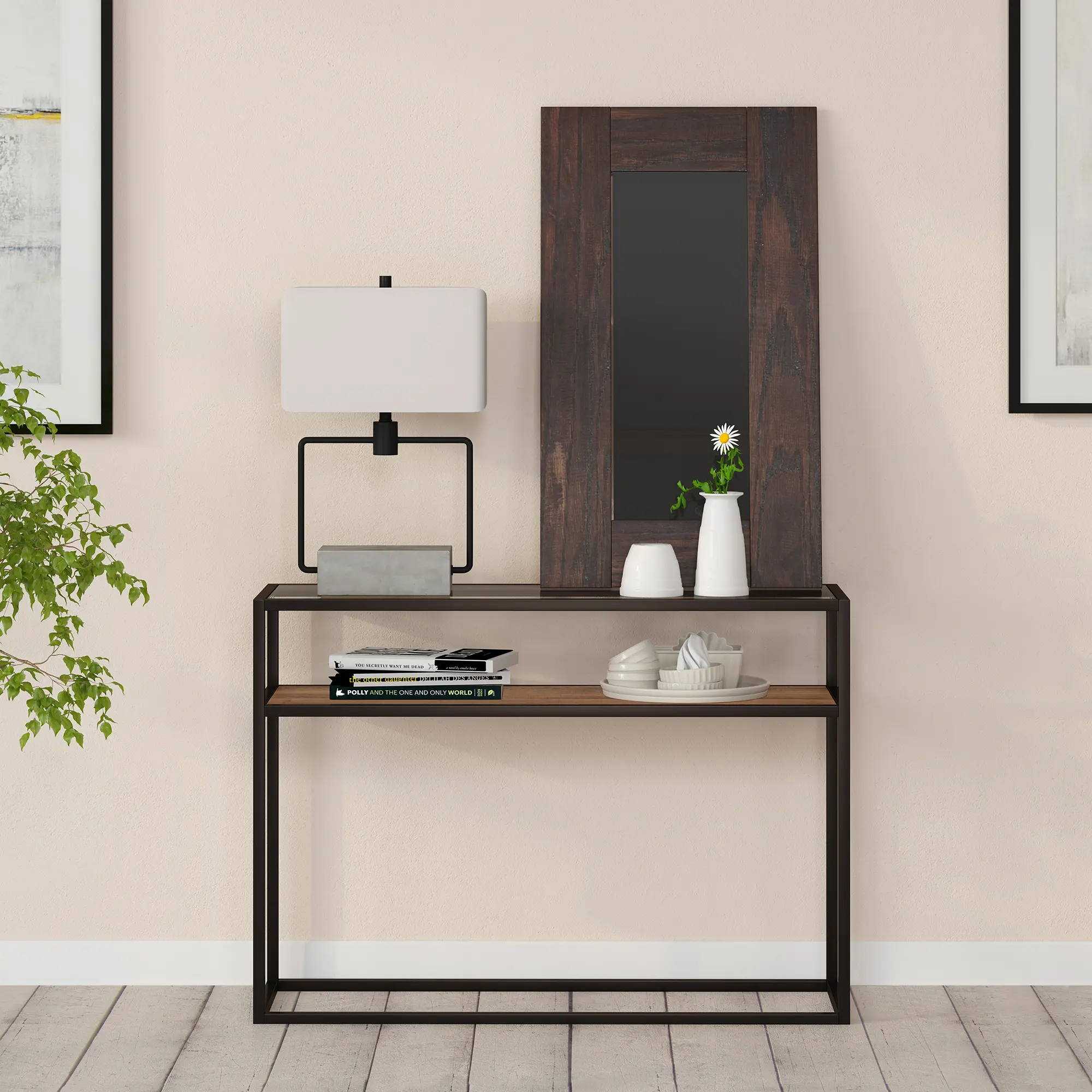 Addison Modern 42 Inch Blackened Bronze and Rustic Oak Console Table-1