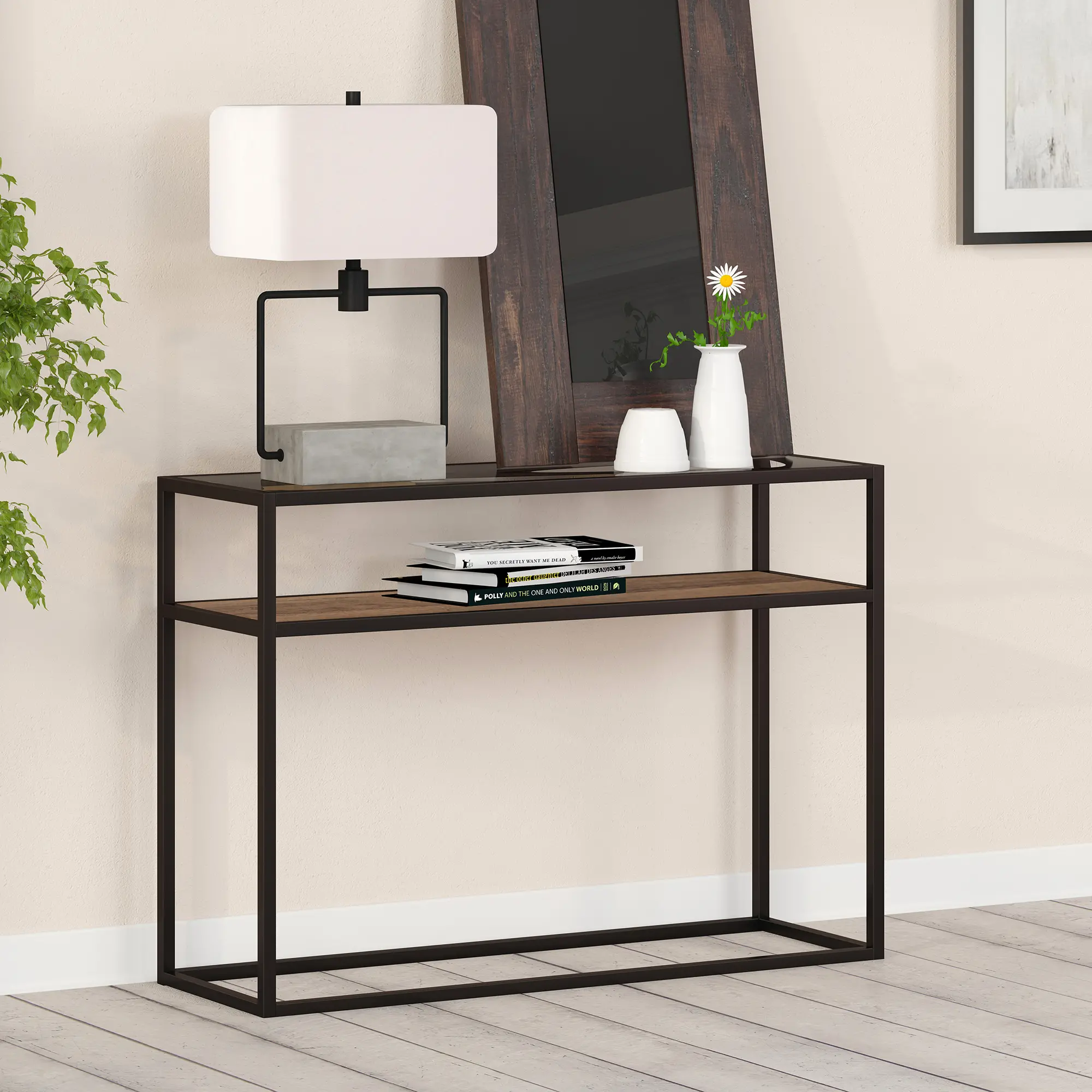 Addison Modern 42 Inch Blackened Bronze and Rustic Oak Console Table-2