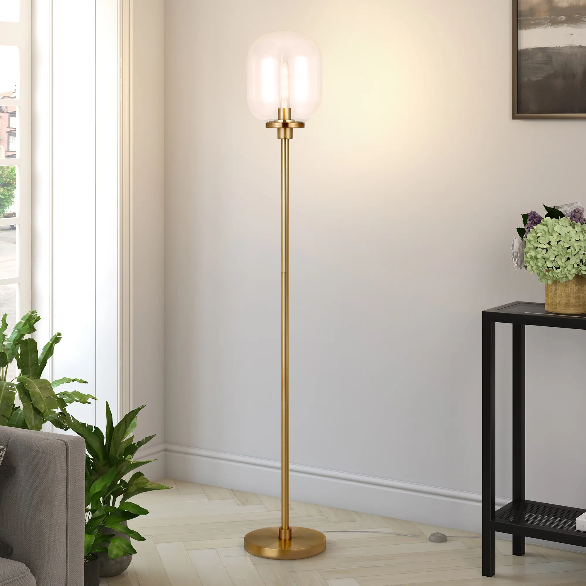Agnolo Modern Brass Floor Lamp with Clear Glass Shade-4