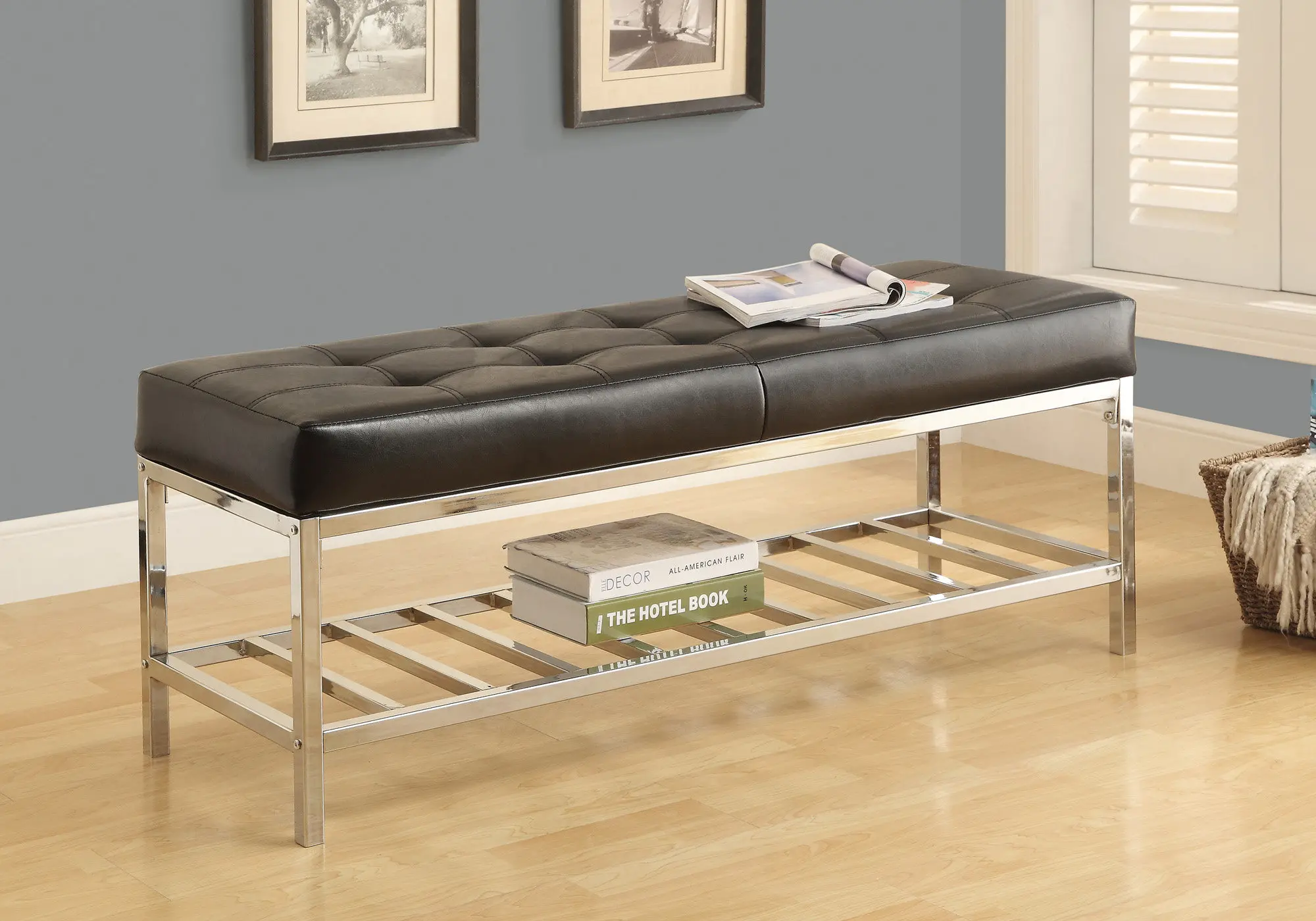 Modern Black Faux Leather Bench-1