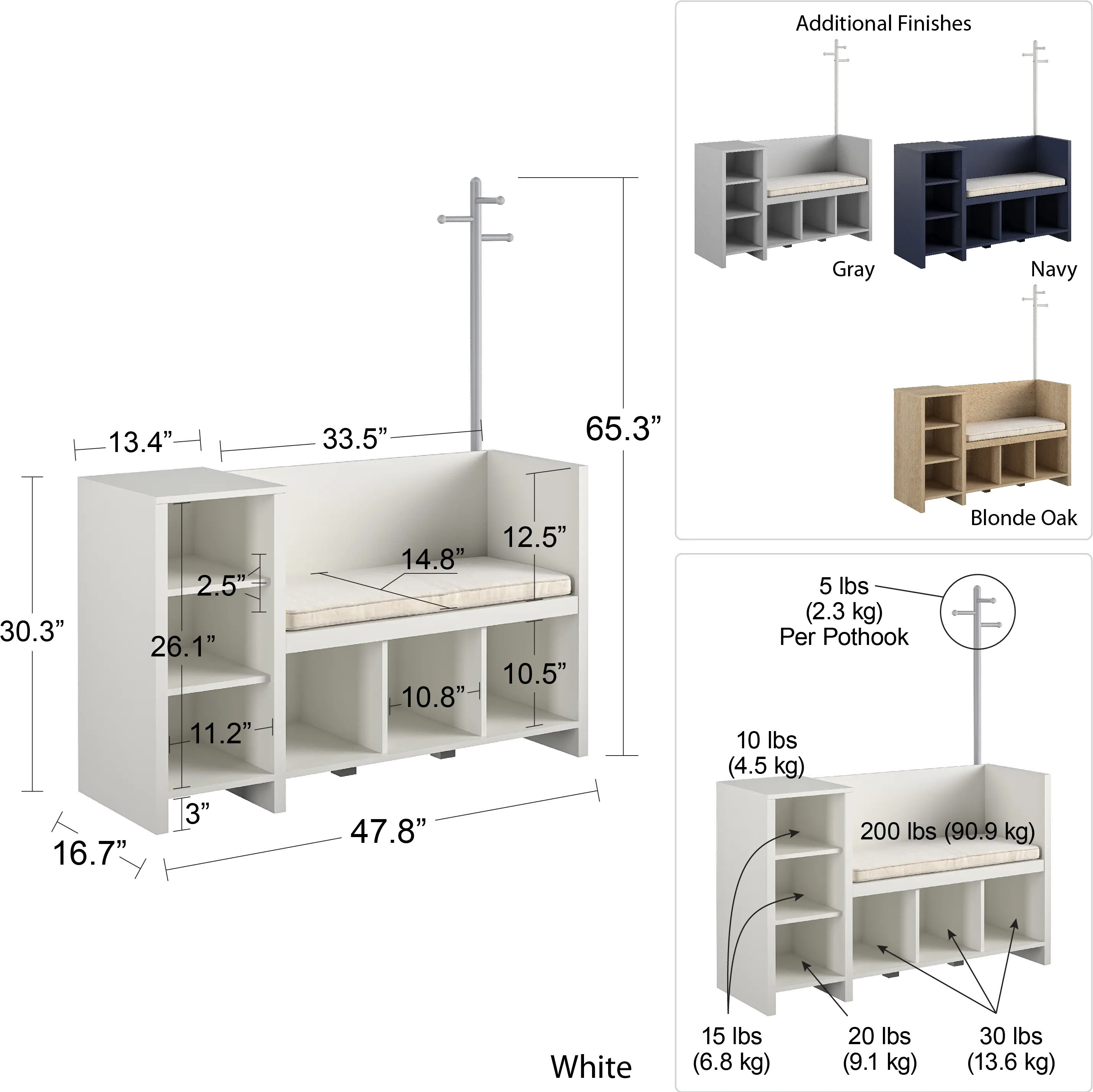 Tyler Kids Navy Storage Bench and Coat Rack-8