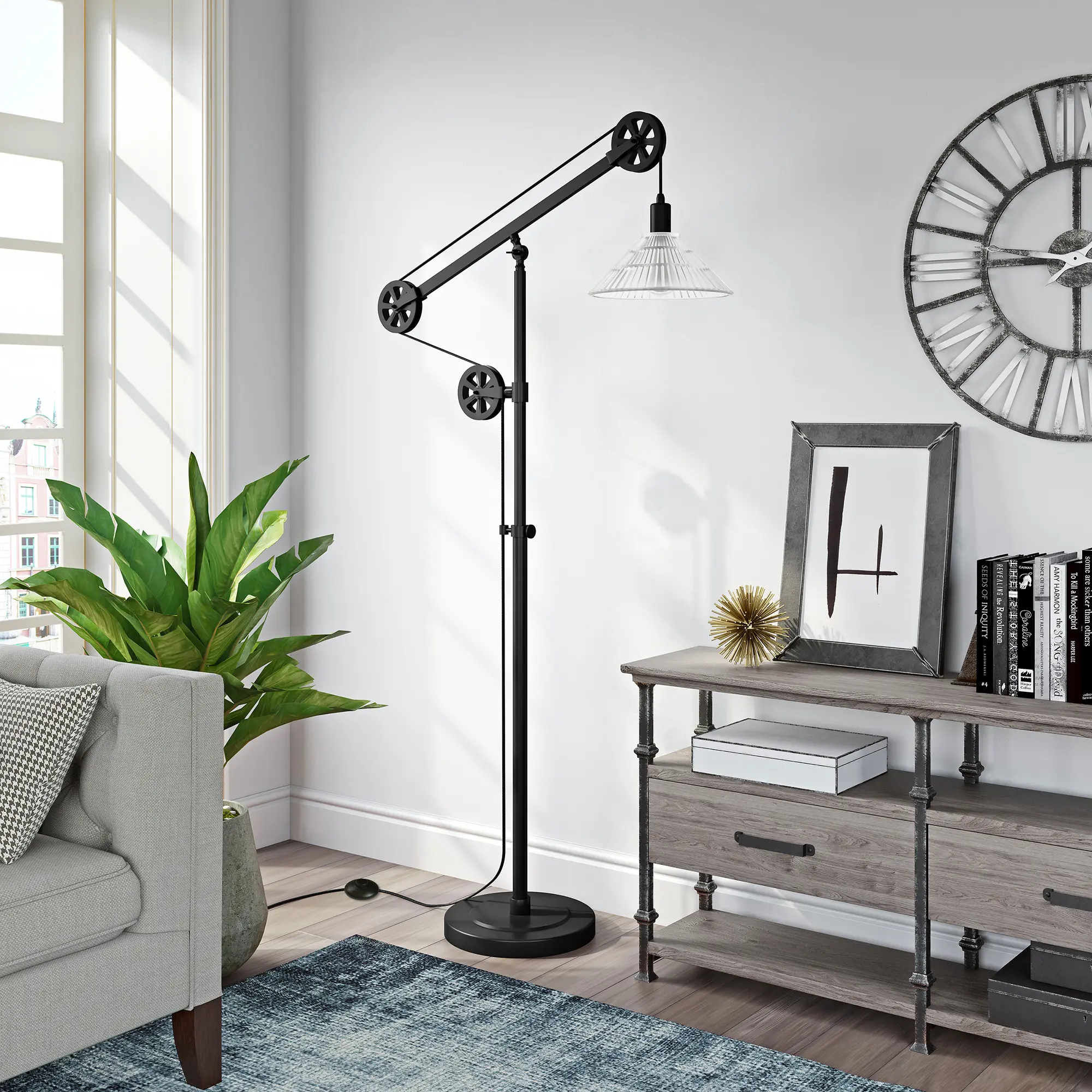 Descartes Industrial Blackened Bronze Floor Lamp with Ribbed Glass Shade-1