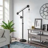 Descartes Industrial Blackened Bronze Floor Lamp with Ribbed Glass Shade