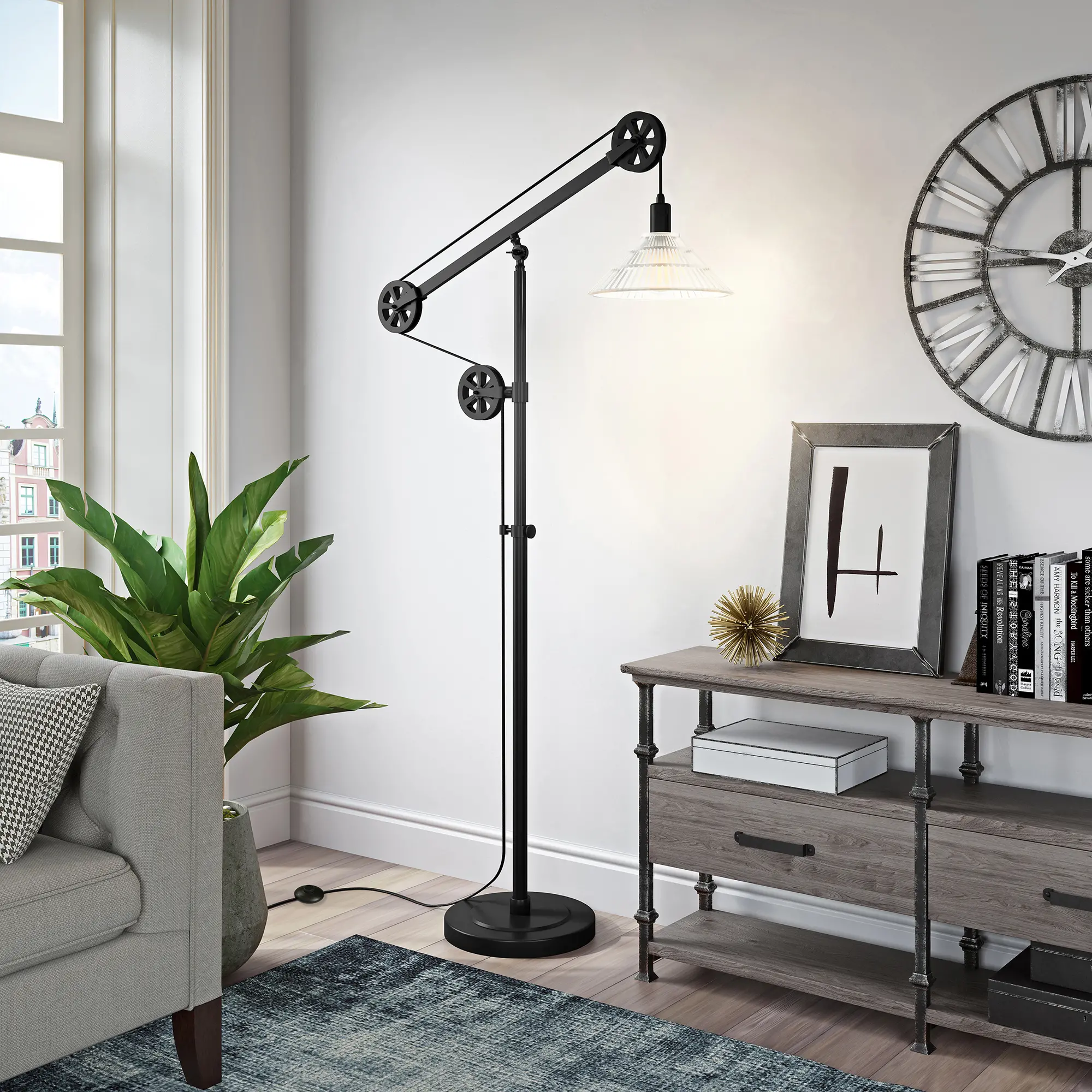 Descartes Industrial Blackened Bronze Floor Lamp with Ribbed Glass Shade-3