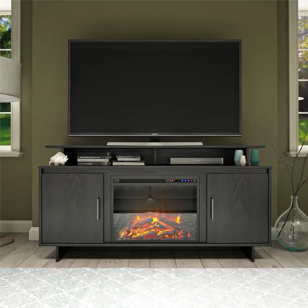 Merritt Avenue Transitional Black Oak Electric Fireplace TV Stand with Storage Cabinets-1