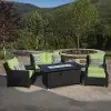 Deco Green 5 Piece Loveseat with Club Chairs and Fire Table Patio Set