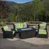 Deco Green 5 Piece Loveseat with Club Chairs and Fire Table Patio Set