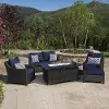 Deco Navy 5 Piece Loveseat with Club Chairs and Fire Table Patio Set