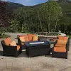 Deco Orange 5 Piece Loveseat with Club Chairs and Fire Table Patio Set