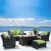 Deco Green 5 Piece Loveseat with Motion Club Chairs and Fire Table Patio Set