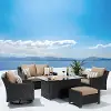 Deco Beige 5 Piece Loveseat with Motion Club Chairs and Fire Table Patio Set