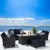 Deco Navy 5 Piece Loveseat with Motion Club Chairs and Fire Table Patio Set