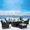 Deco Light Blue 5 Piece Loveseat with Motion Club Chairs and Fire Table Patio Set