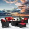 Deco Red 5 Piece Loveseat with Motion Club Chairs and Fire Table Patio Set