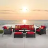 Deco Red 8 Piece Sofa with Club Chairs and Ottomans Patio Set