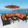 Deco Orange 9 Piece Sectional with Club Chairs and Umbrella Patio Set