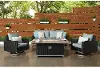 Milo Light Blue Espresso 4 Piece Loveseat with Fire Table Patio Set