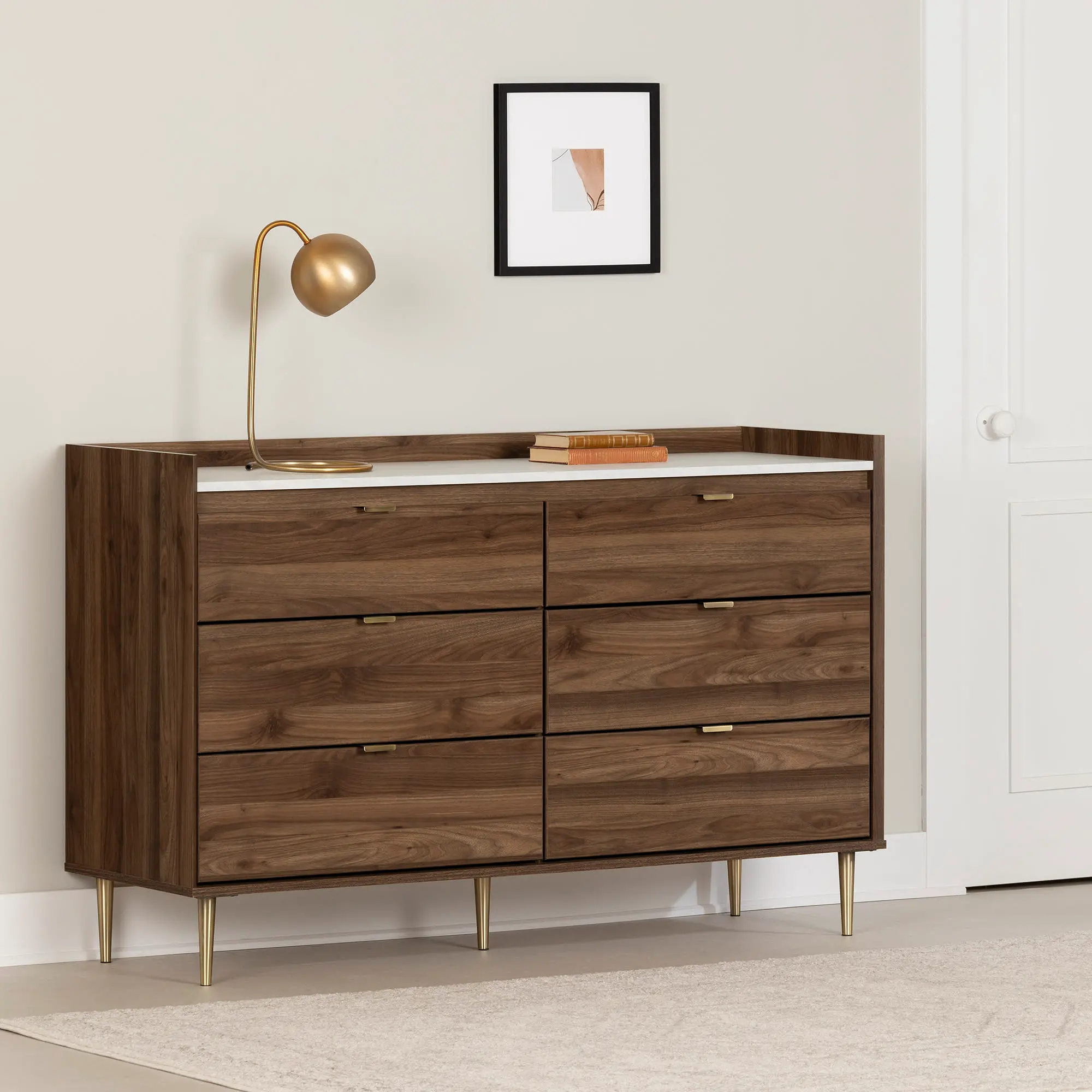 13527 Hype Walnut and Faux Carrara Marble 6-Drawer Dresser-1