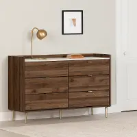 13527 Hype Walnut and Faux Carrara Marble 6-Drawer Dresser