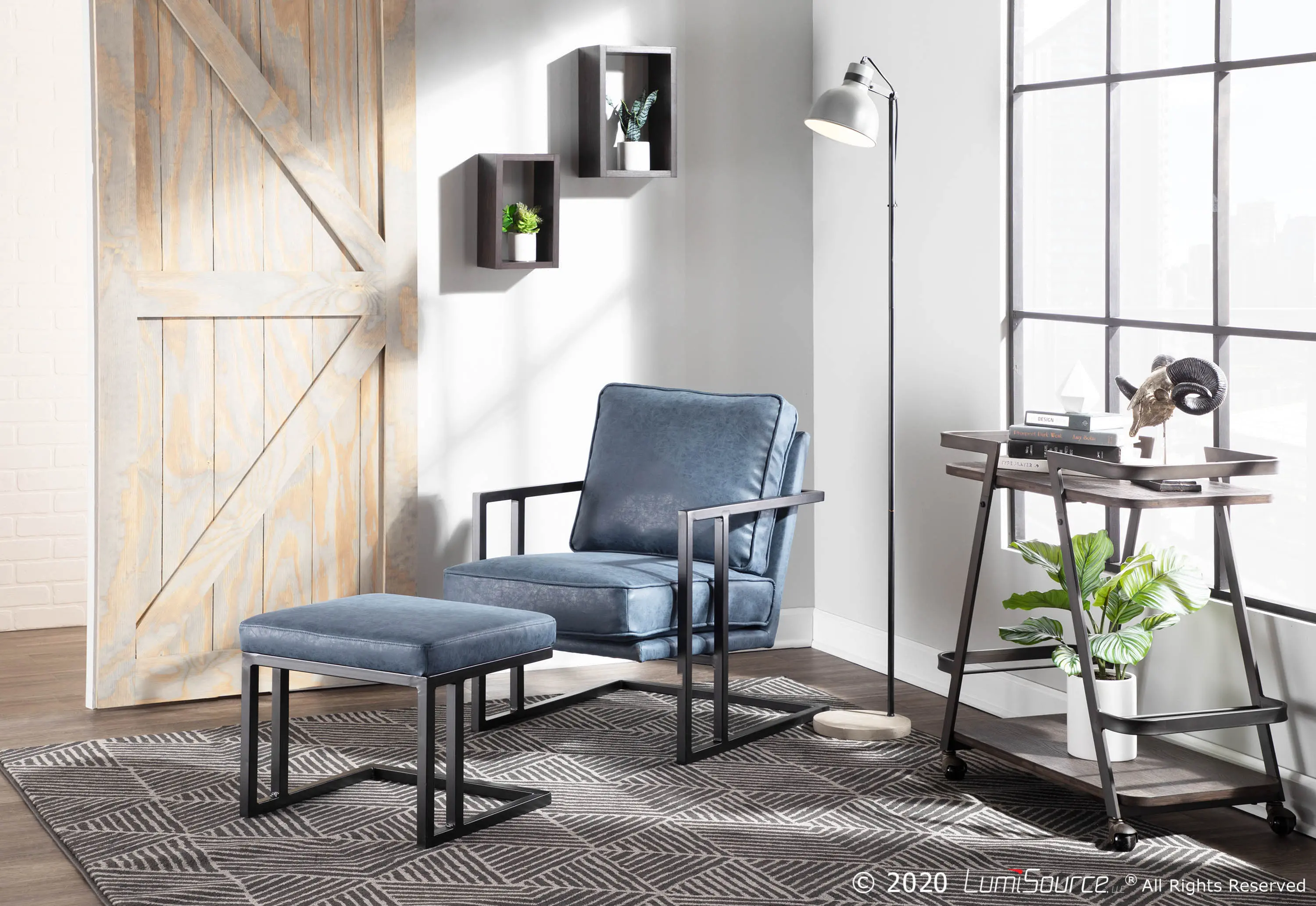 C2-ROMAN_BKBU Roman Blue Faux Leather Lounge Chair and Ottoman-1