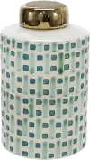 9 Inch Ceramic Green and White Jar With Lid