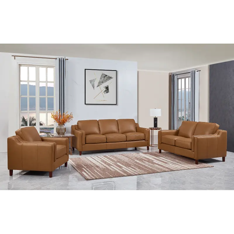 Ballari Cognac Brown Leather 3 Piece Living Room Set with Loveseat