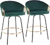 B26-CLAIRE2-SWVG BKVGN2 Claire Glam Gold & Emerald Velvet Barstool Stool, Set of 2