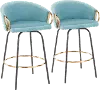 B26-CLAIRE2-SWVG BKVLBU2 Claire Glam Gold & Light Blue Velvet Barstool Stool, Set of 2