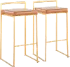 B30-FUJI AUCAM2 Fuji Low Back Gold & Camel Faux Leather Barstools, Set of 2
