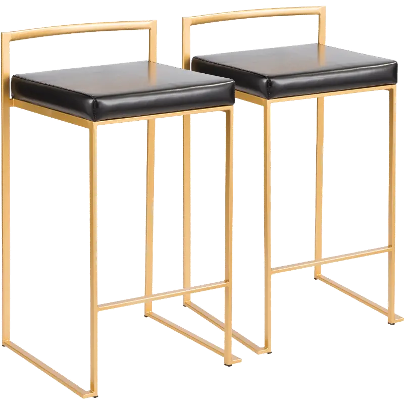 B26-FUJI AU+BK2 Fuji Low Back Gold & Black Faux Leather Counter Stools, Set of 2