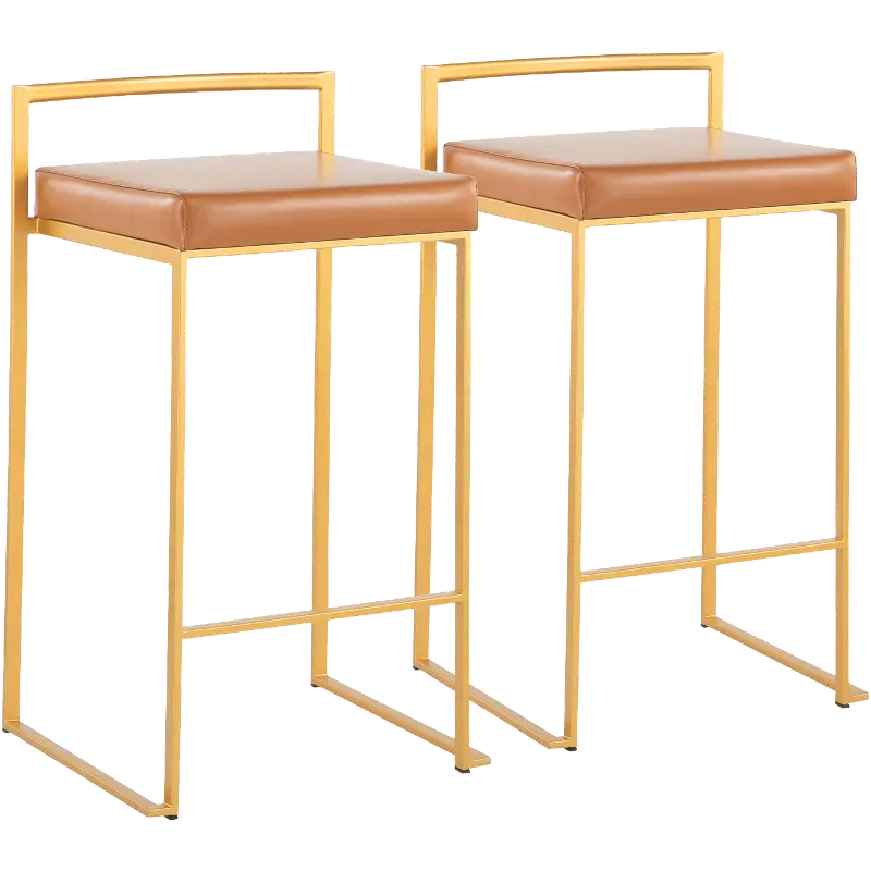 B26-FUJI AUCAM2 Fuji Low Back Gold & Camel Faux Leather Counter Stools, Set of 2