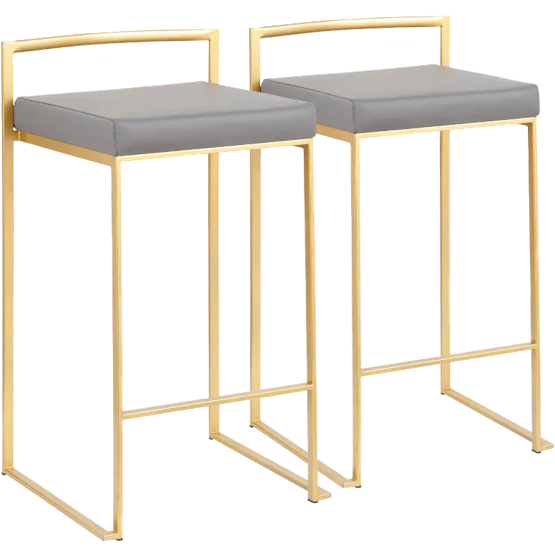 B26-FUJI AUGY2 Fuji Low Back Gold & Gray Faux Leather Counter Stools, Set of 2