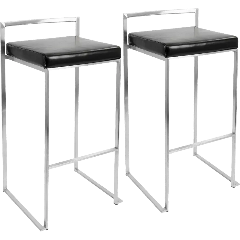 BS-FUJI BK2 Fuji Low Back Stainless & Black Faux Leather Barstools, Set of 2