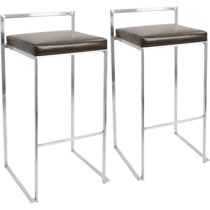 BS-FUJI BN2 Fuji Low Back Stainless & Brown Faux Leather Barstools, Set of 2