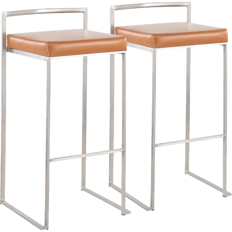 B30-FUJI CAM2 Fuji Low Back Stainless & Camel Faux Leather Barstools, Set of 2