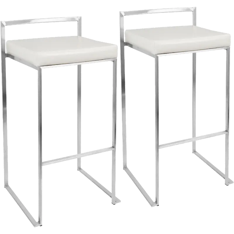 BS-FUJI W2 Fuji Low Back Stainless & White Faux Leather Barstools, Set of 2