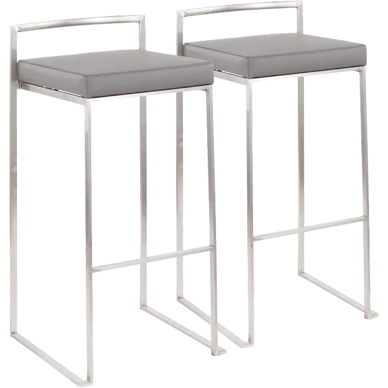 B30-FUJI GY2 Fuji Low Back Stainless & Gray Faux Leather Barstools, Set of 2