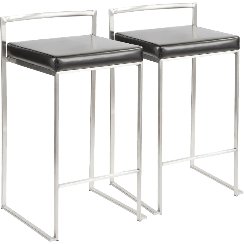 CS-FUJI BK2 Fuji Low Back Stainless & Black Faux Leather Counter Stools, Set of 2