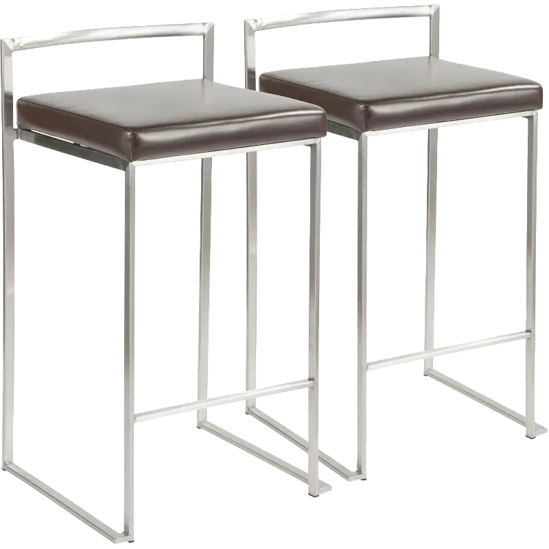 CS-FUJI BN2 Fuji Low Back Stainless & Brown Faux Leather Counter Stools, Set of 2