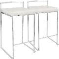 CS-FUJI W2 Fuji Low Back Stainless & White Faux Leather Counter Stools, Set of 2