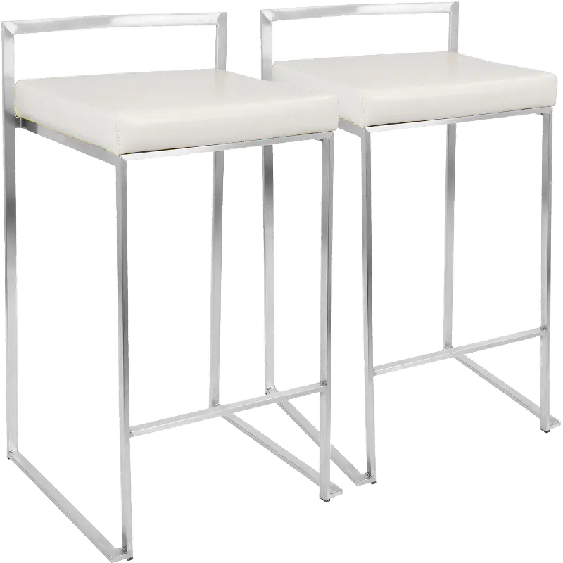 CS-FUJI W2 Fuji Low Back Stainless & White Faux Leather Counter Stools, Set of 2