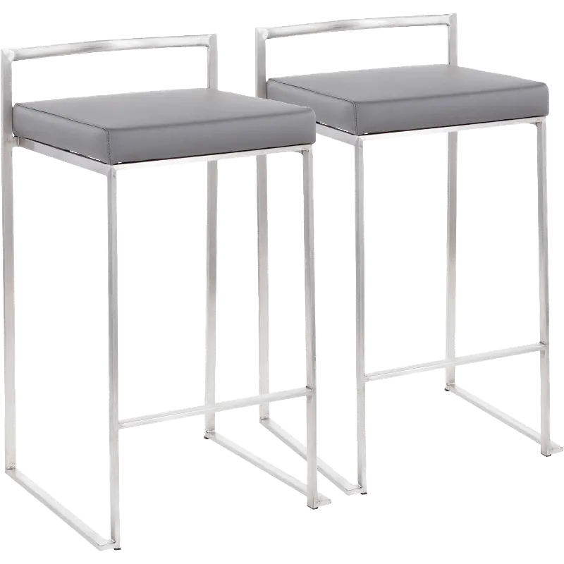 B26-FUJI GY2 Fuji Low Back Stainless & Gray Faux Leather Counter Stools, Set of 2