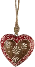 Red and White Wood Flower Heart Ornament